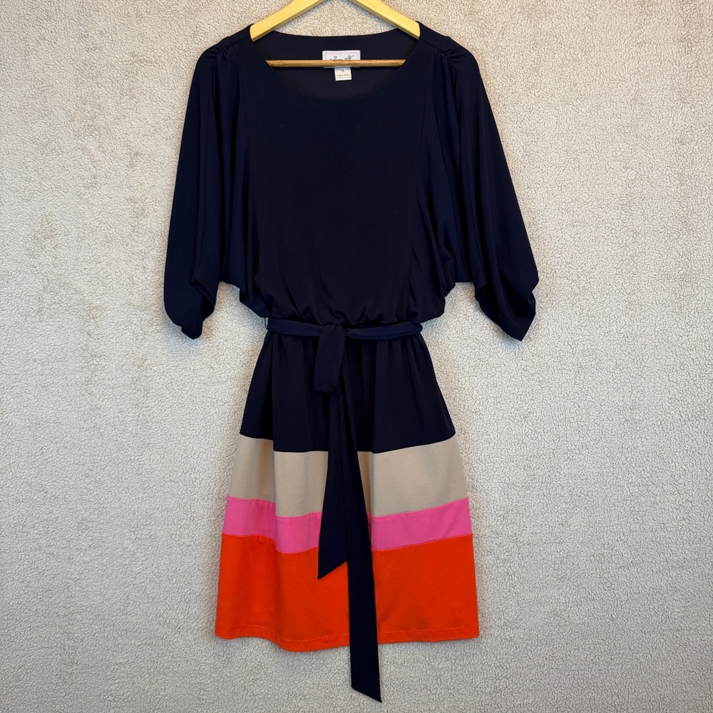 Jessica Howard Navy Colorblock Midi Dress with Orange and Pink Stripes